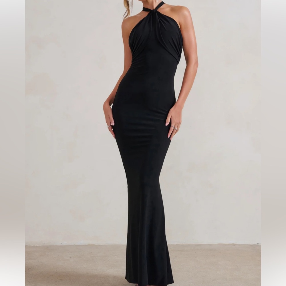Club L London Genevieve Black Twist High Neck Drape Detail Maxi Dress